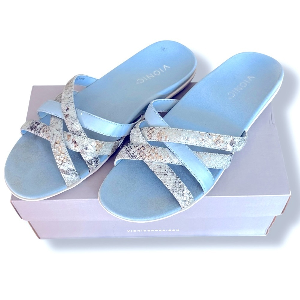 Vionic Dava Boa Women's Size 8 Light Blue/Snake Print Slip-on Orthotic Sandals